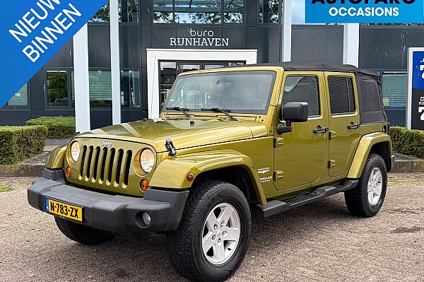 Jeep Wrangler Unlimited 3.8 Sahara , CRUISE CONTROLE, 4WD, AUTOMAAT, TREKHAAK, AIRCO, HARD EN SOFTTOP !, ONDERHOUDEN BIJ DE HAI, LAATSTE ONDERHOUD 9-2025 T.W.V. 3746,= EURO, RIJDT EN SCHAKELT ALS NIEUW, SUPER NETTE AUTO